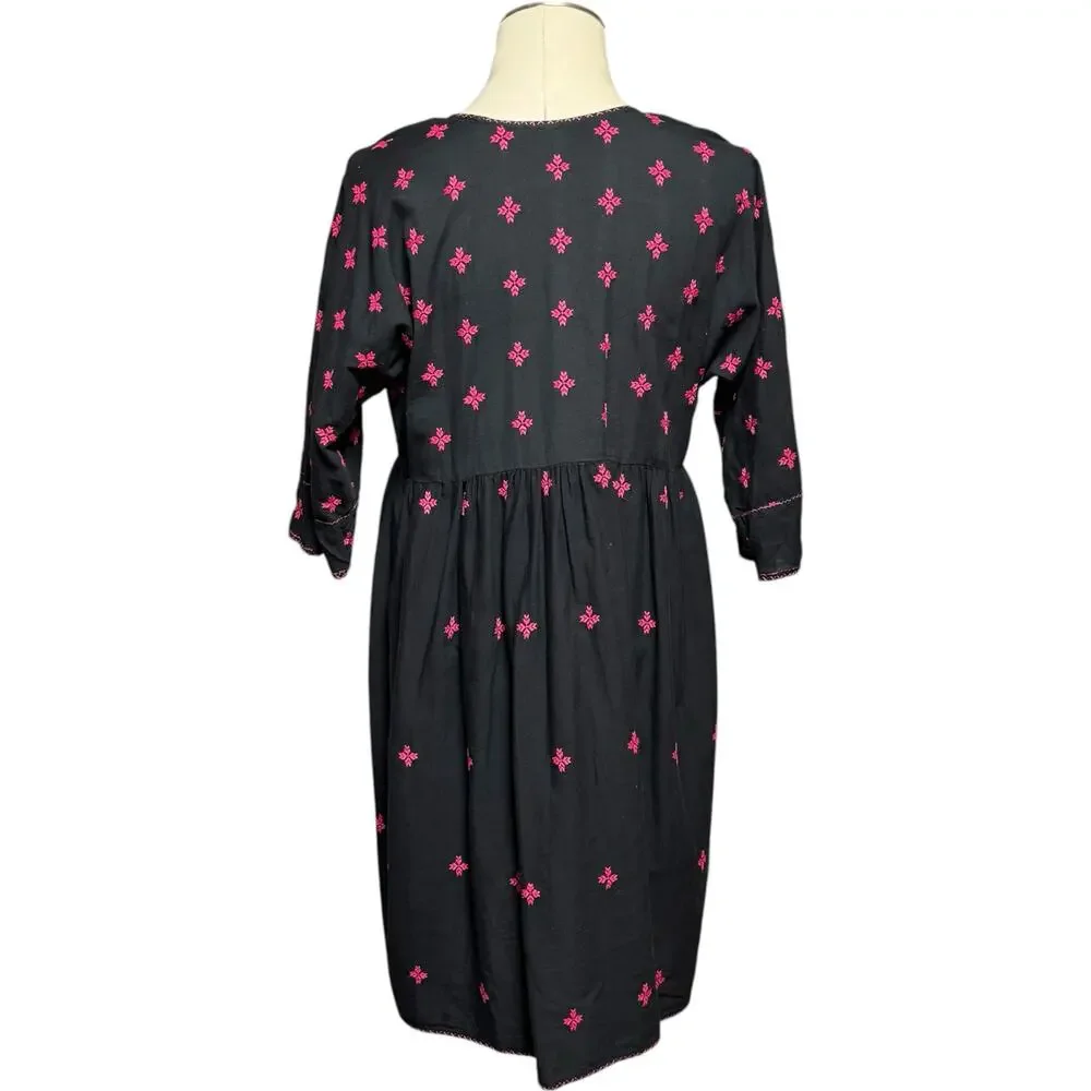 Meena Mahal Linen Modal 3/4 Embroidered Dress Black Pink Medium